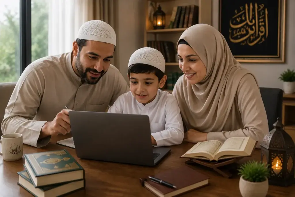 Muslim family attending online Quran classes together with a professional online Quran teacher for kids and parents.
