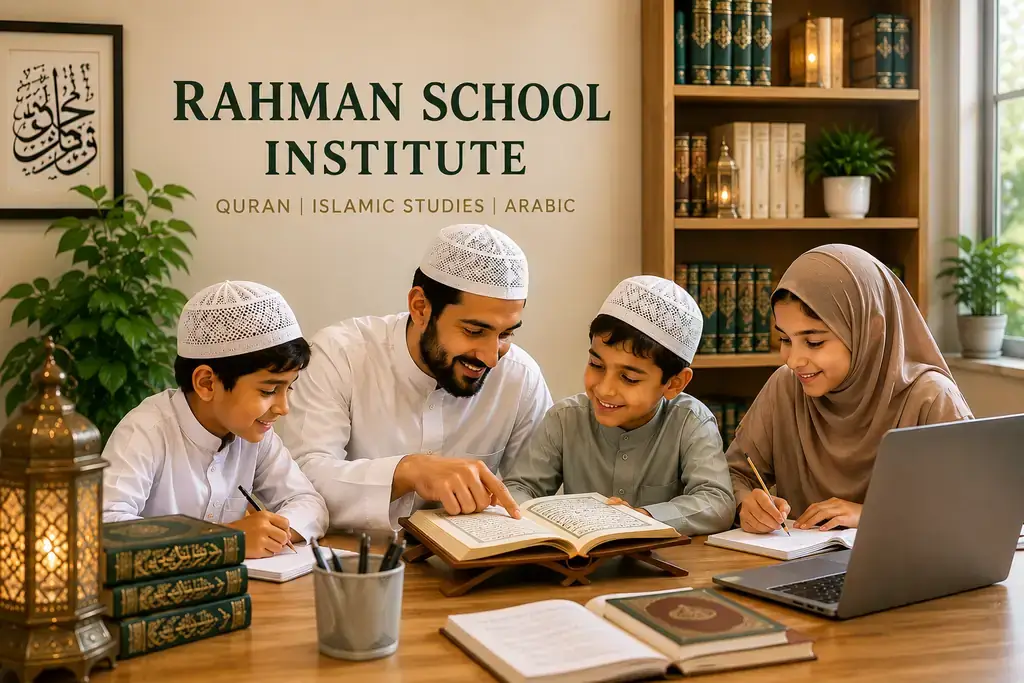 Students learning Quran with a teacher in a warm Rahman School classroom.