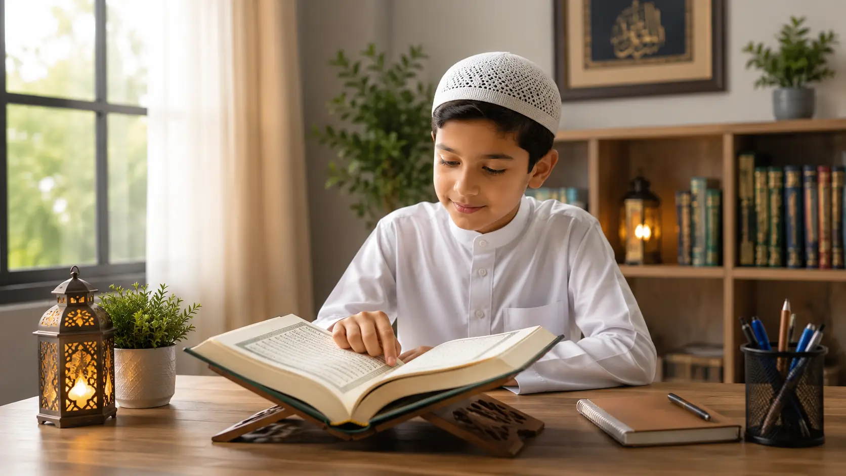 Young Muslim boy in a white kufi and thobe reading the Quran from a wooden rehal stand at his home study desk during an online Quran lesson.